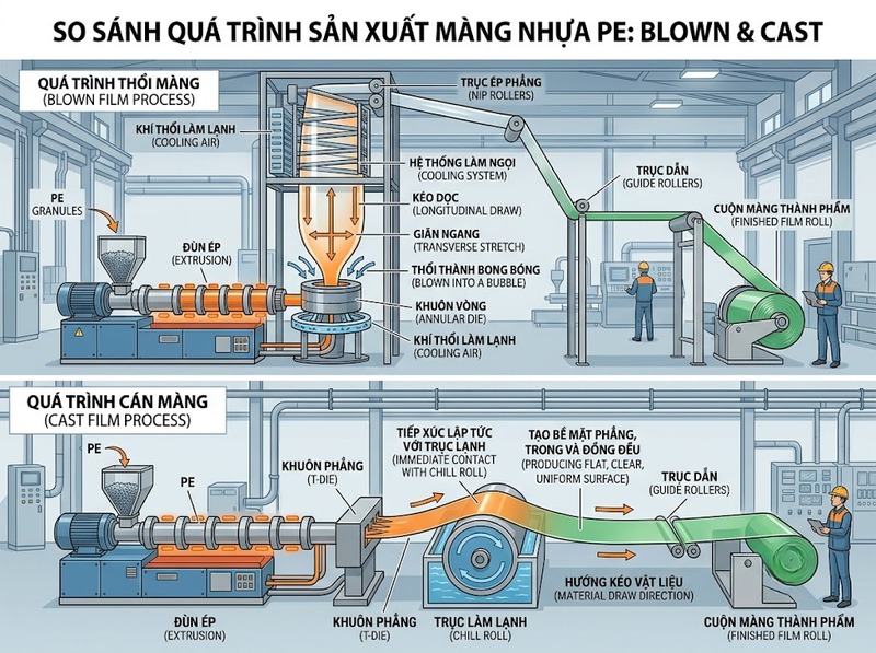 So sánh màng PE cast và blown trong quấn hàng