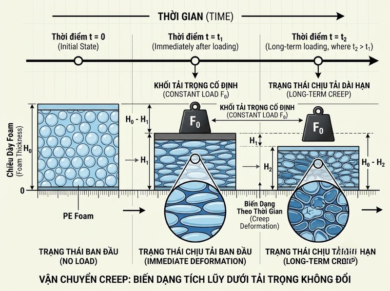 Creep ảnh hưởng thế nào đến độ dày PE Foam theo thời gian?