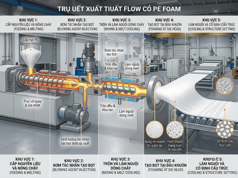 Nguyên lý extrusion foaming trong sản xuất PE Foam
