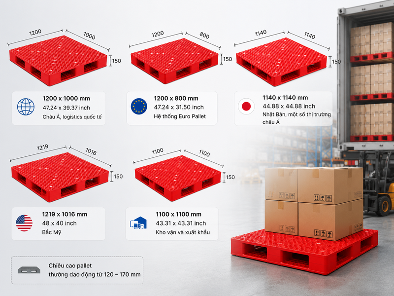 Kích thước pallet nhựa tiêu chuẩn ISO và ứng dụng thực tế