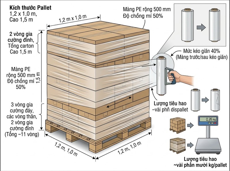 Cách tính lượng màng PE và số vòng quấn cho pallet