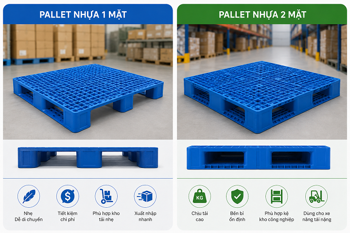 Pallet nhựa 1 mặt hay 2 mặt phù hợp lưu kho hơn
