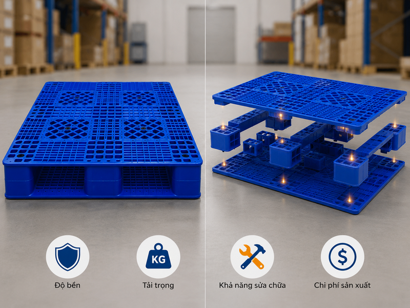 So sánh pallet nhựa liền khối và pallet nhựa hàn ghép chi tiết