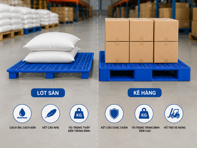 So sánh pallet nhựa lót sàn và pallet nhựa kê hàng
