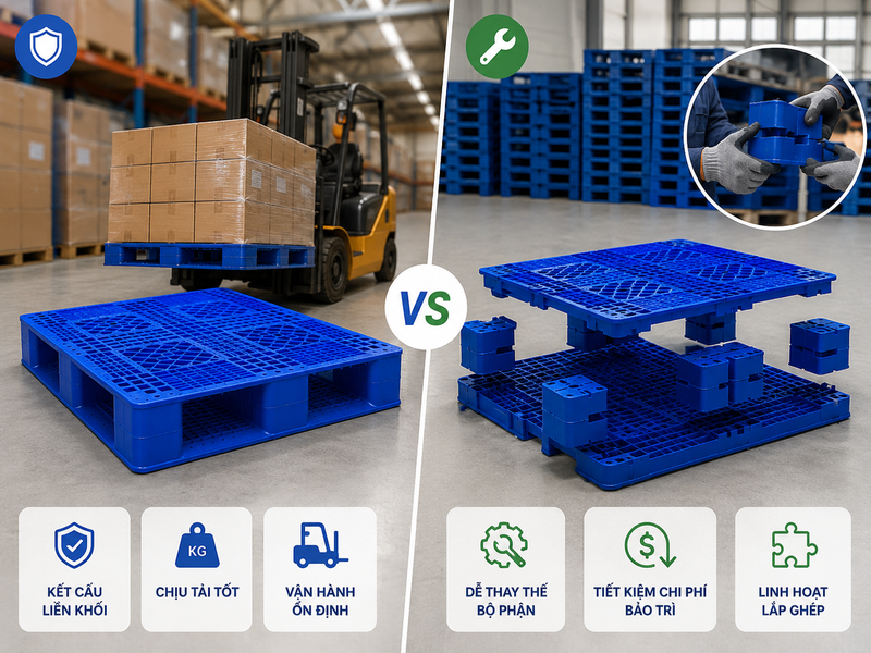 So sánh pallet nhựa nguyên khối và pallet nhựa lắp ghép
