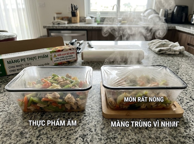 Màng bọc thực phẩm PE dùng với thực phẩm nóng được không?