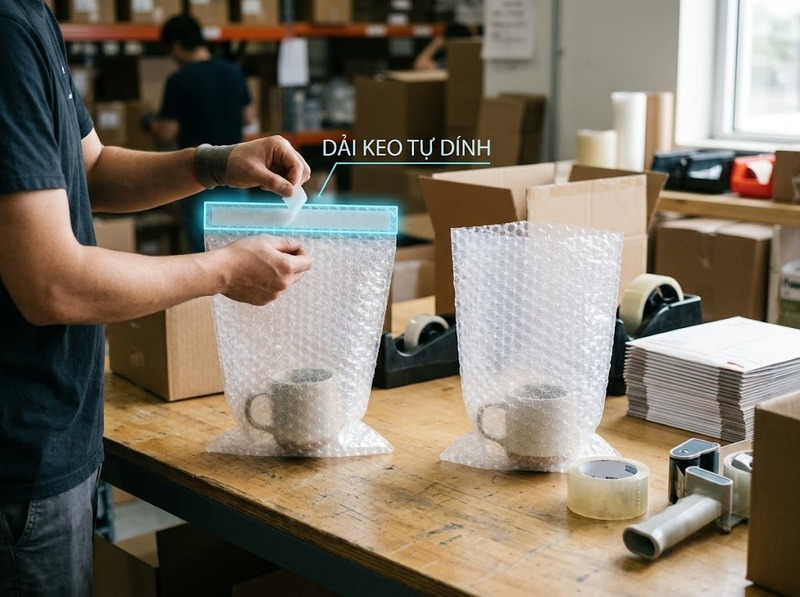 Túi xốp hơi tự dính khác túi thông thường thế nào?