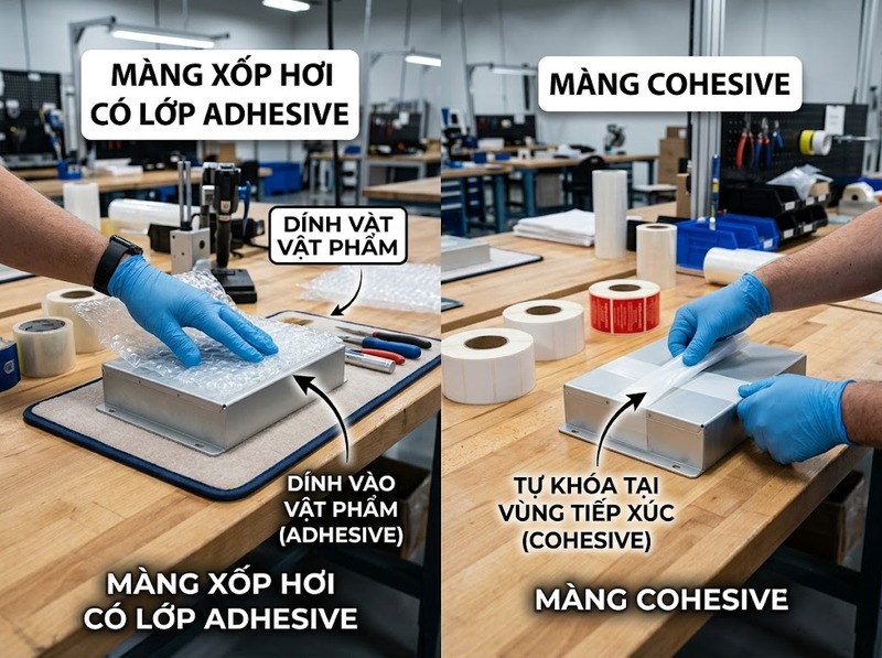 Màng xốp hơi adhesive và cohesive khác nhau thế nào?