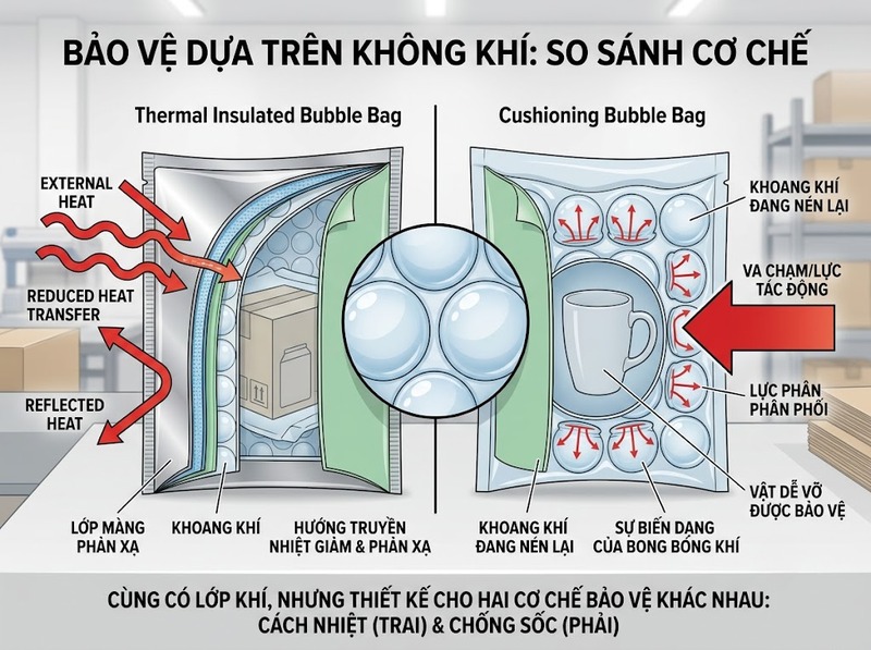 Túi xốp hơi cách nhiệt khác túi chống sốc thế nào?