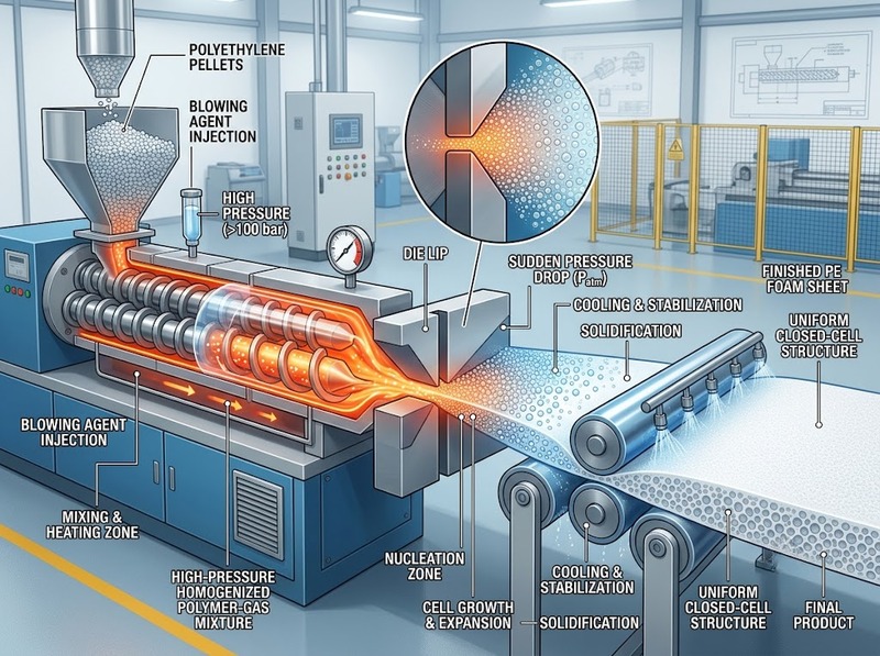Công nghệ extrusion foaming tạo PE Foam như thế nào?